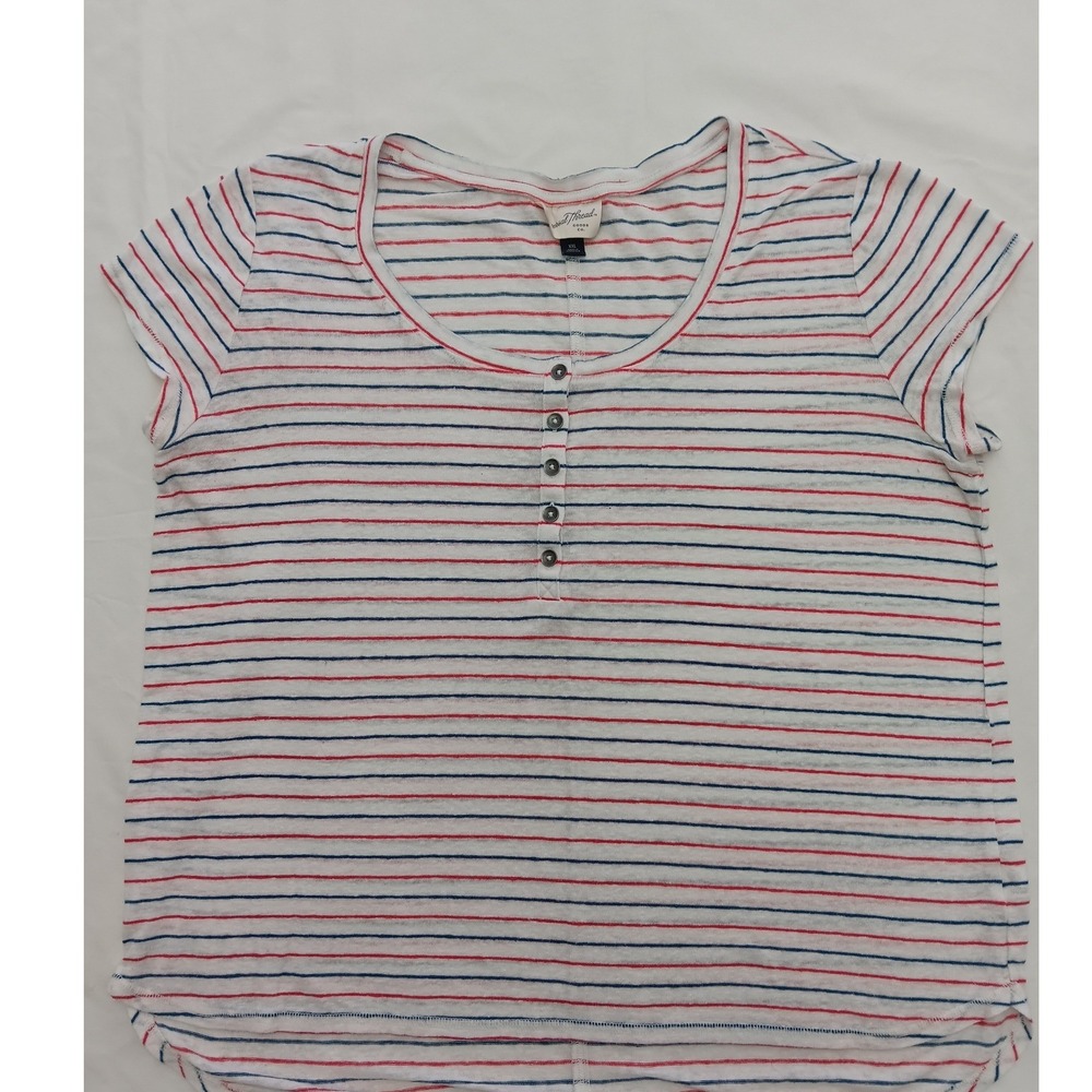 Universal Thread XXL Red White Blue Striped Linen‎ Blend Henley Top Short Sleeve